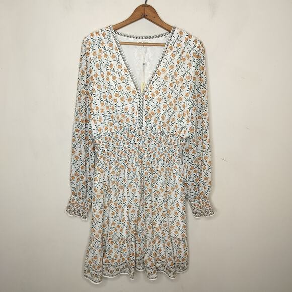 Max Studio Floral Dress Long Sleeve Smocked Faux Wrap Flare Cuff - Picture 1 of 12
